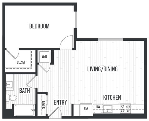 Floor plan for 1 bed, 1 bath, 804 sqft